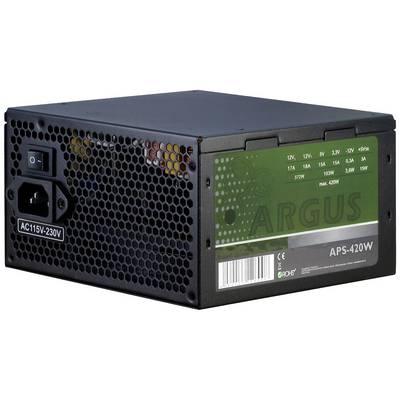 Zwart pc-voedingsapparaat met groene opdruk 'Argus' en modelaanduiding 'APS-420W', spanningsschakelaar 115V/230V zichtbaar.