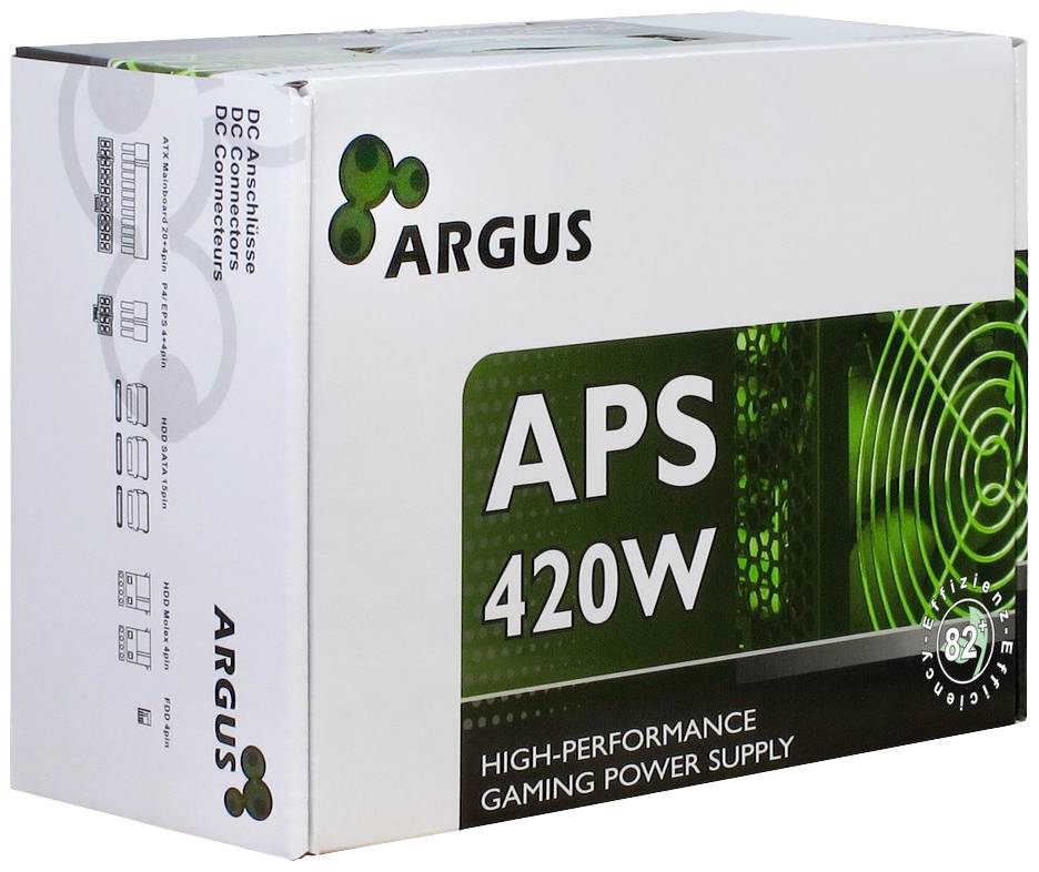 'ARGUS APS 420W' High-performance voedingsunit voor gaming-computer weergegeven op verpakking. Links zijn technische specificaties vermeld.