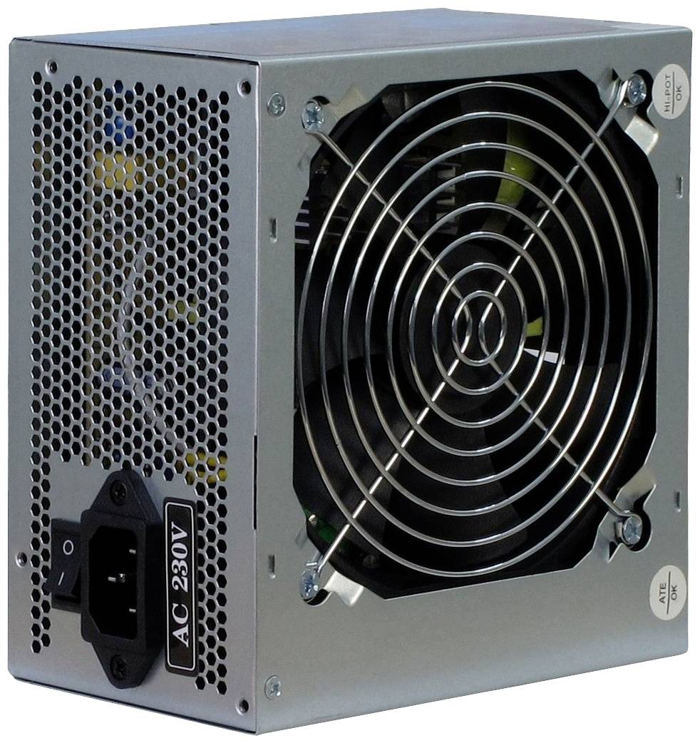 Een ATX-voeding met ventilator en een schakelaar voor de stroomvoorziening, geschikt voor 230V wisselstroom.