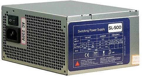 'Schaltnetzteil SL-500' toont tabel met spanning, stroom, frequentiegegevens en veiligheidswaarschuwingen voor ingang en uitgang bij AC 230V.