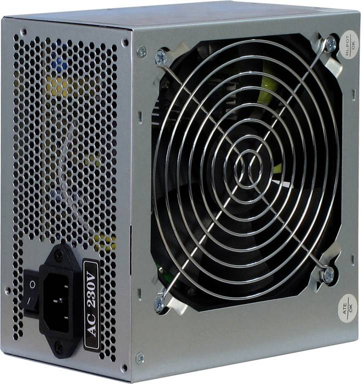 Een computervoeding met een grote ventilator en netschakelaar, gekenmerkt door 'AC 230V'.