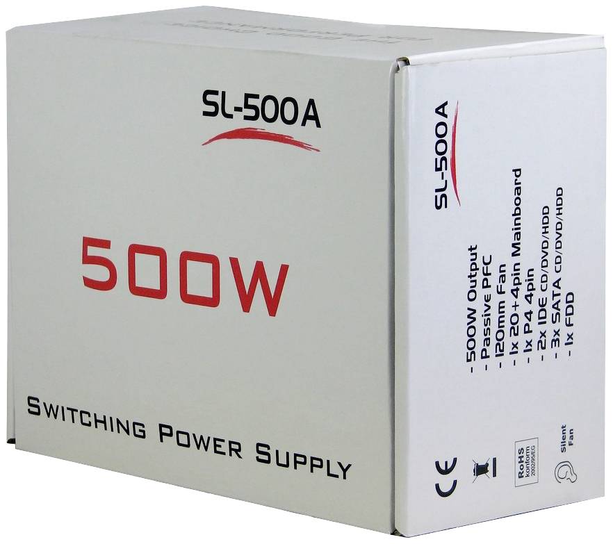 Witte verpakking van een 500W voedingseenheid met het opschrift 'SL-500A'. Bevat technische specificaties en aansluitingen.