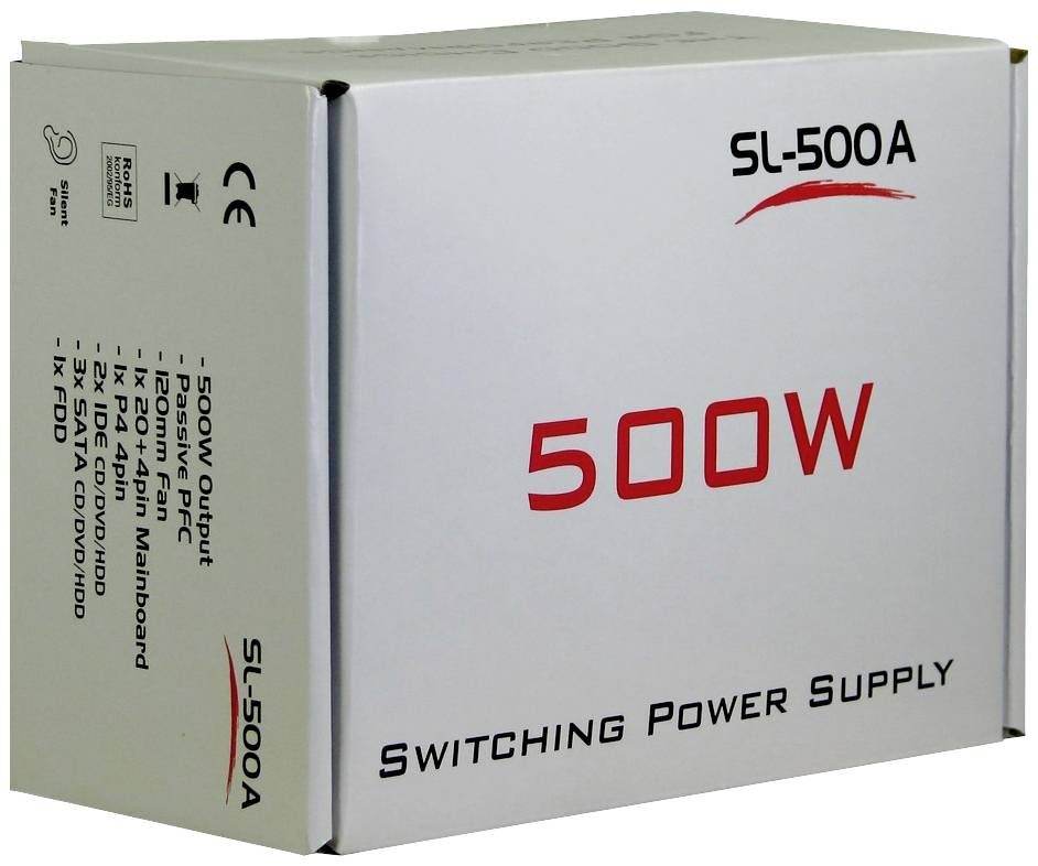 Witte verpakking van een 500W voeding. Opdruk: 'SL-500A', 'Switching Power Supply'. Technische specificaties aan de zijkant.