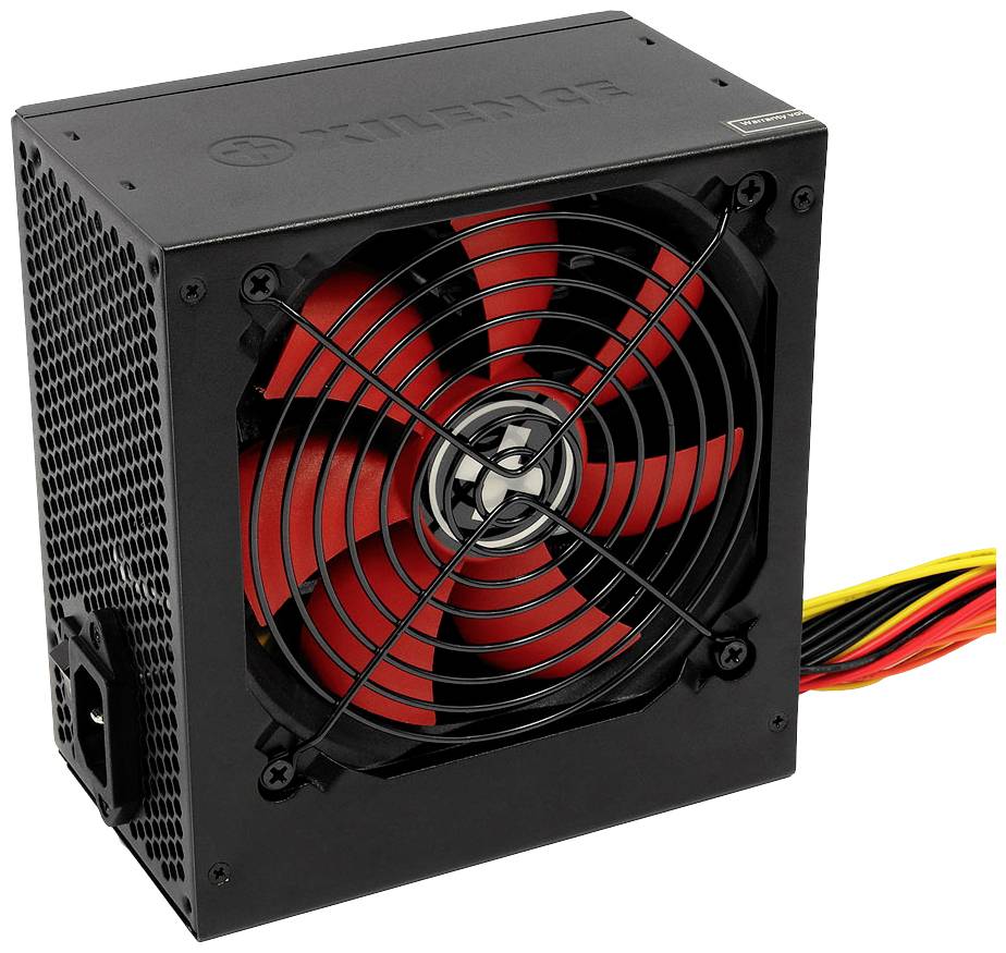 Zwart pc-voedingsapparaat met rode ventilator en gele en rode kabels. Het dient ter stroomvoorziening in een computerbehuizing.