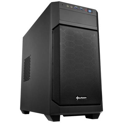 Een zwarte computerbehuizing met zichtbare aansluitingen aan de bovenkant en een ventilatierooster aan de voorkant.