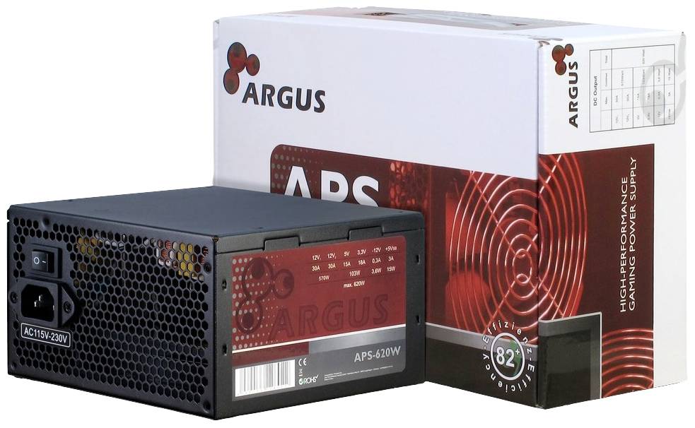 Een zwarte computervoeding met een rood etiket en de bijbehorende verpakking. Beide tonen het 'Argus APS' logo en markering.