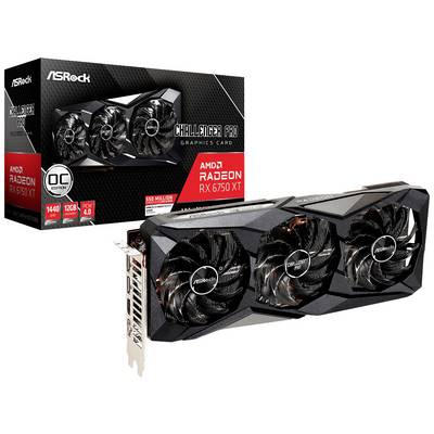 'ASRock Challenger Pro videokaart AMD Radeon RX 6750 XT met 12GB geheugen, drie ventilatoren en PCIe 4.0-ondersteuning; verpakking op de achtergrond.'