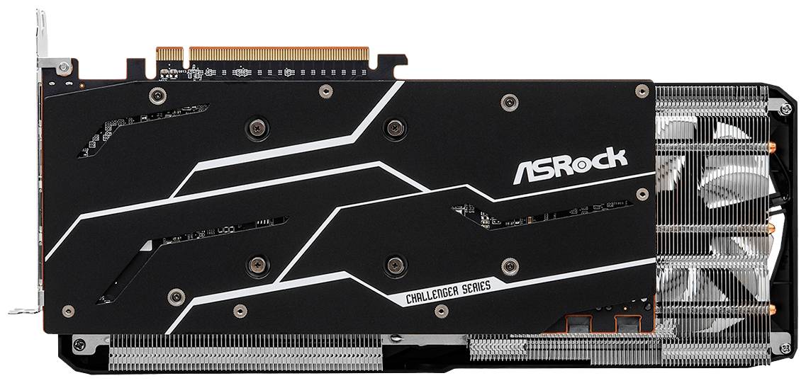 ASRock videokaart, Challenger-serie, zwart-wit ontwerp met ventilator aan de achterkant, geschikt voor hardware-upgrades van pc's.
