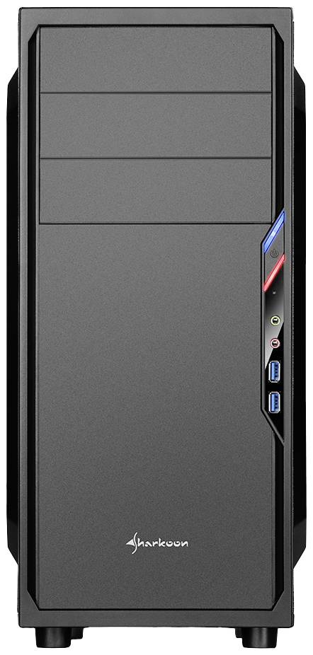 Zwart pc-behuizing met twee zichtbare USB-poorten, audioaansluitingen en een opvallend design aan de voorkant.