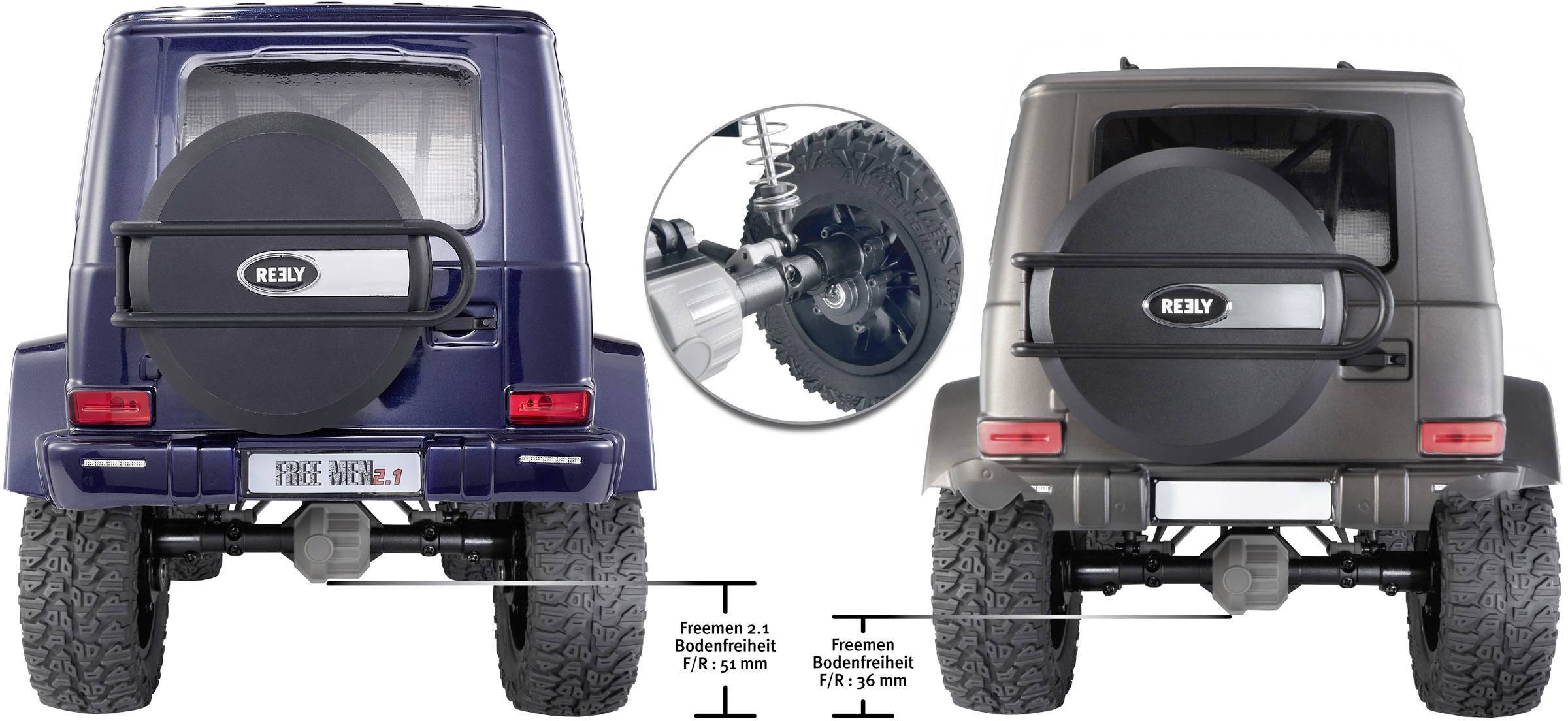 'Twee terreinwagens van achteren, één in het blauw, de andere in het grijs, met focus op de ophanging details en bodemvrijheid in beeld.'