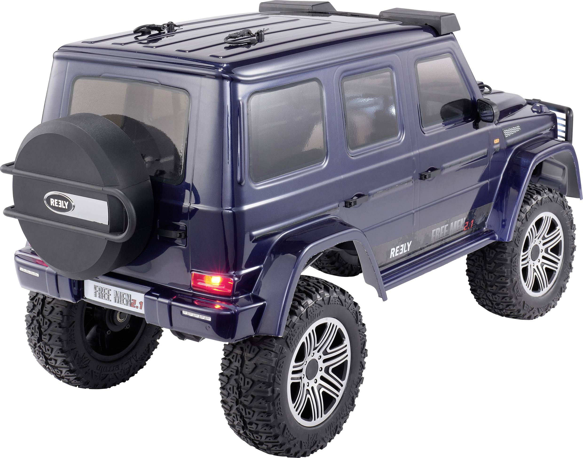 Speelgoedauto met grove banden in terreinauto-stijl, links achteraan afgebeeld. Donkerblauw model met reservewiel aan de achterkant.