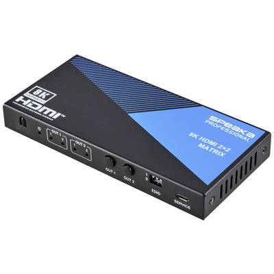 Zwarte HDMI-splitter met blauwe hoek en opschrift '8K HDMI 2x2 Matrix'. Vier poorten aan de voorkant en serviceaansluiting rechts.