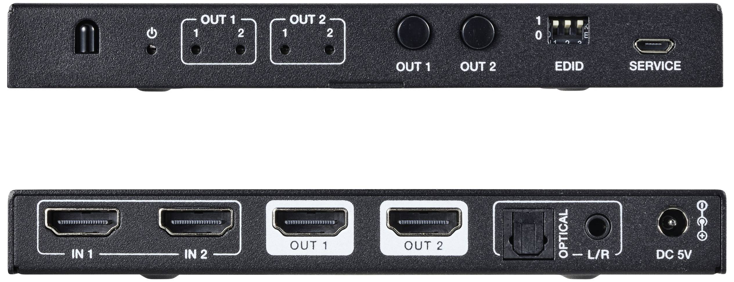 HDMI-splittertoestel met twee HDMI-ingangen, twee uitgangen, optische uitgang en USB-serviceaansluiting, voor- en achteraanzicht.