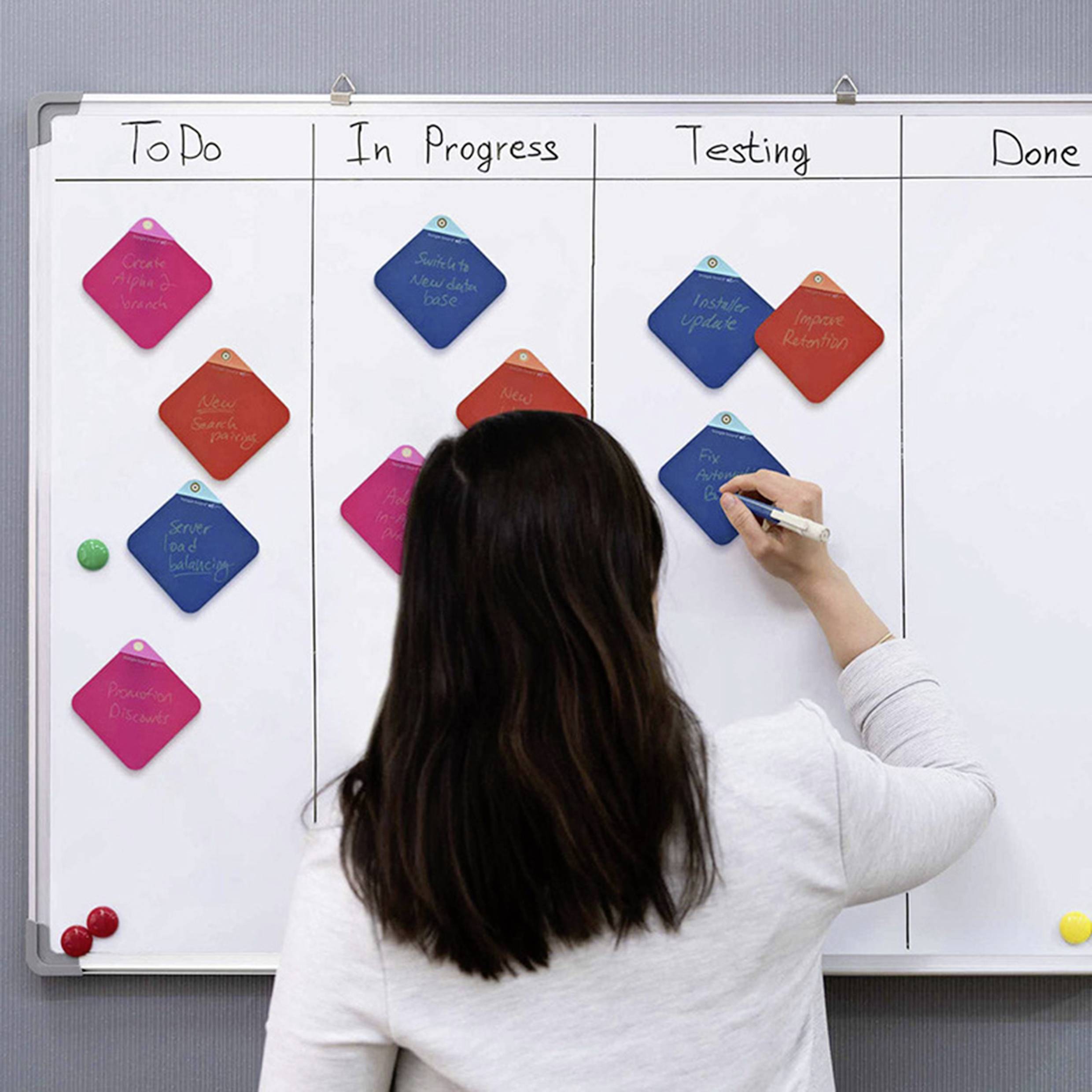 Een persoon staat voor een Kanban-bord. Er zijn kolommen voor 'Te Doen', 'In Uitvoering' en 'Testen', waarop gekleurde notities zijn geplakt.
