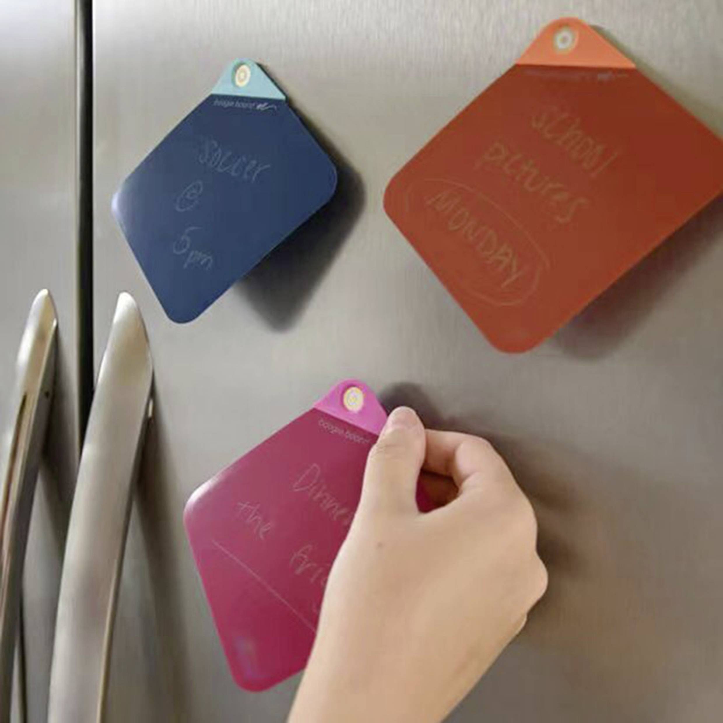 Drie briefjes op een koelkast: een rode, een blauwe en een roze. Een hand van een persoon raakt het roze briefje aan.