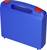 Blauwe gereedschapskist met rode sluiting, rechtop staand, voor een neutrale achtergrond.