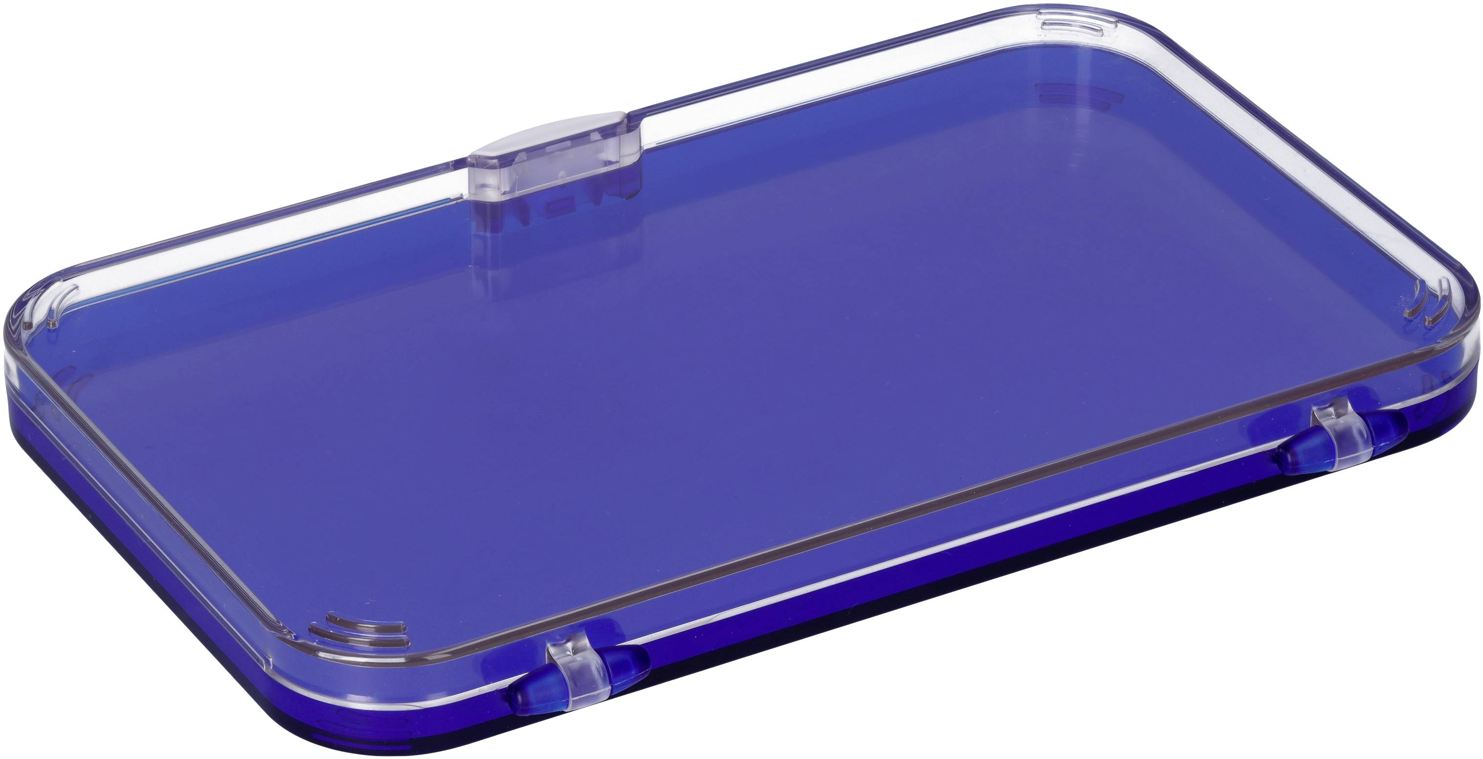 Een rechthoekige blauwe plastic deksel die op een tafel ligt.