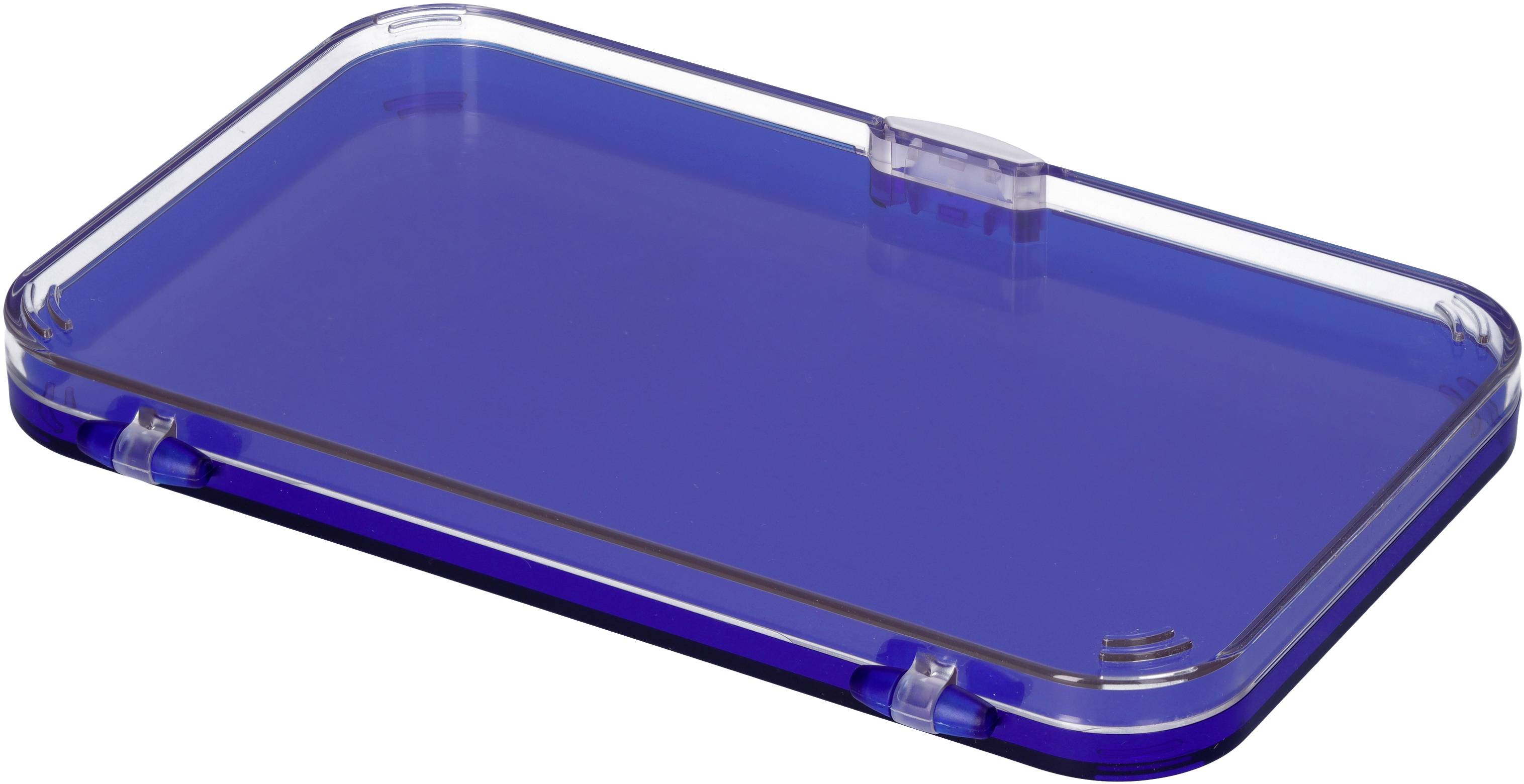Een rechthoekige blauwe kunststof deksel met afgeronde hoeken en kliksluiting op een witte achtergrond.