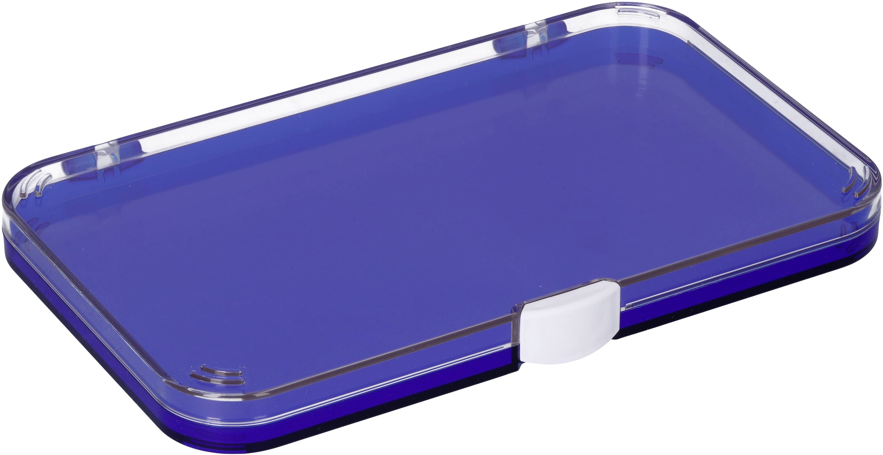 Een rechthoekig, blauw transparant etui met een witte sluiting. Ideaal voor het bewaren van platte voorwerpen zoals kaarten of papieren.