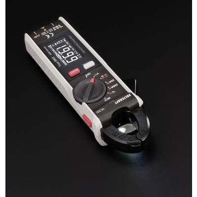 Digitale multimeter met klem op zwarte achtergrond, toont een meetwaarde van 1999. Geschikt voor spanning- en stroommetingen.