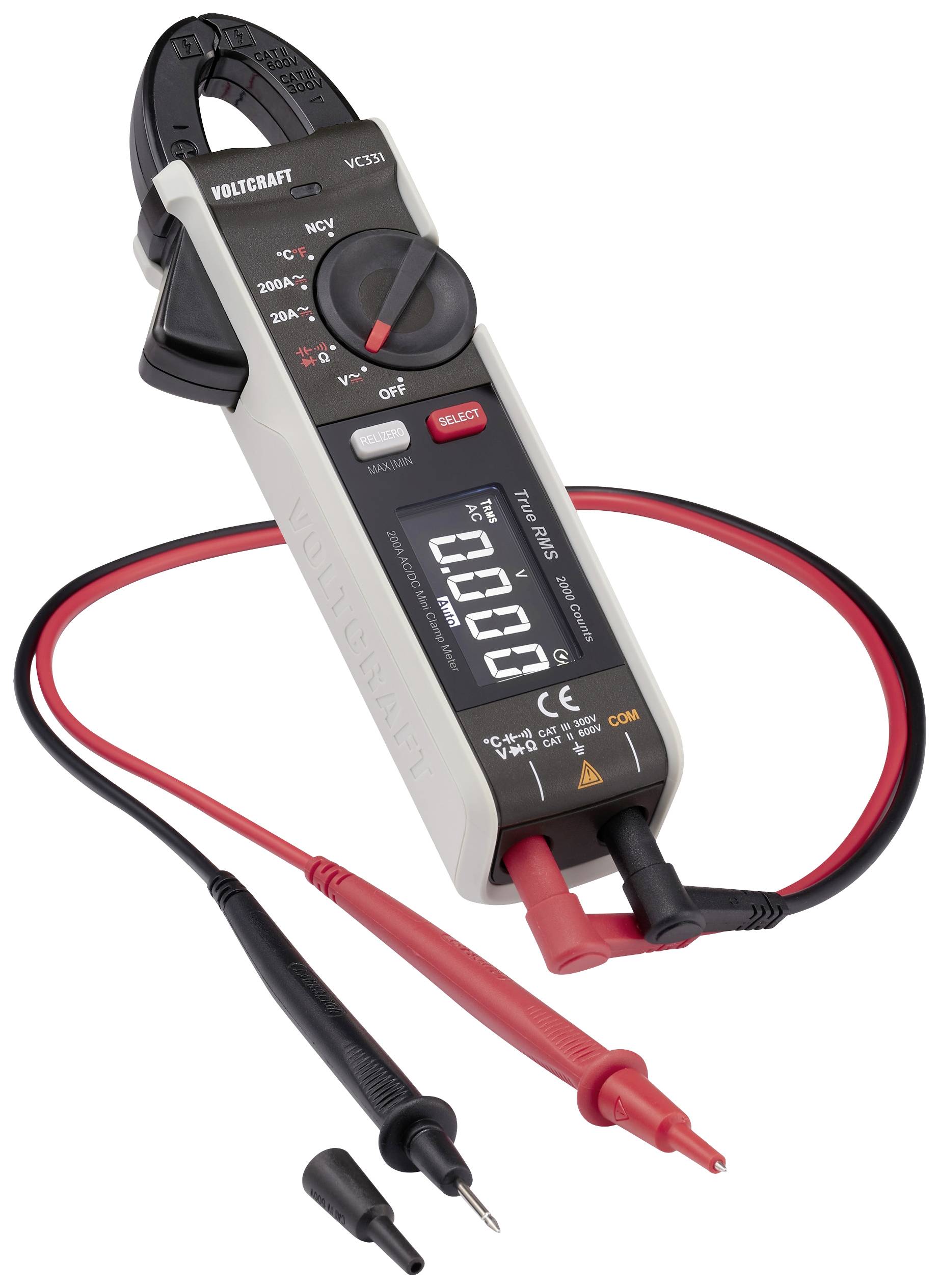 Een digitaal multimeter met meetkabels meet spanning, stroom en weerstand. Het display toont meetwaarden.