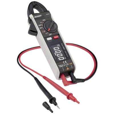 Een digitaal multimeter met meetkabels meet spanning, stroom en weerstand. Het display toont meetwaarden.