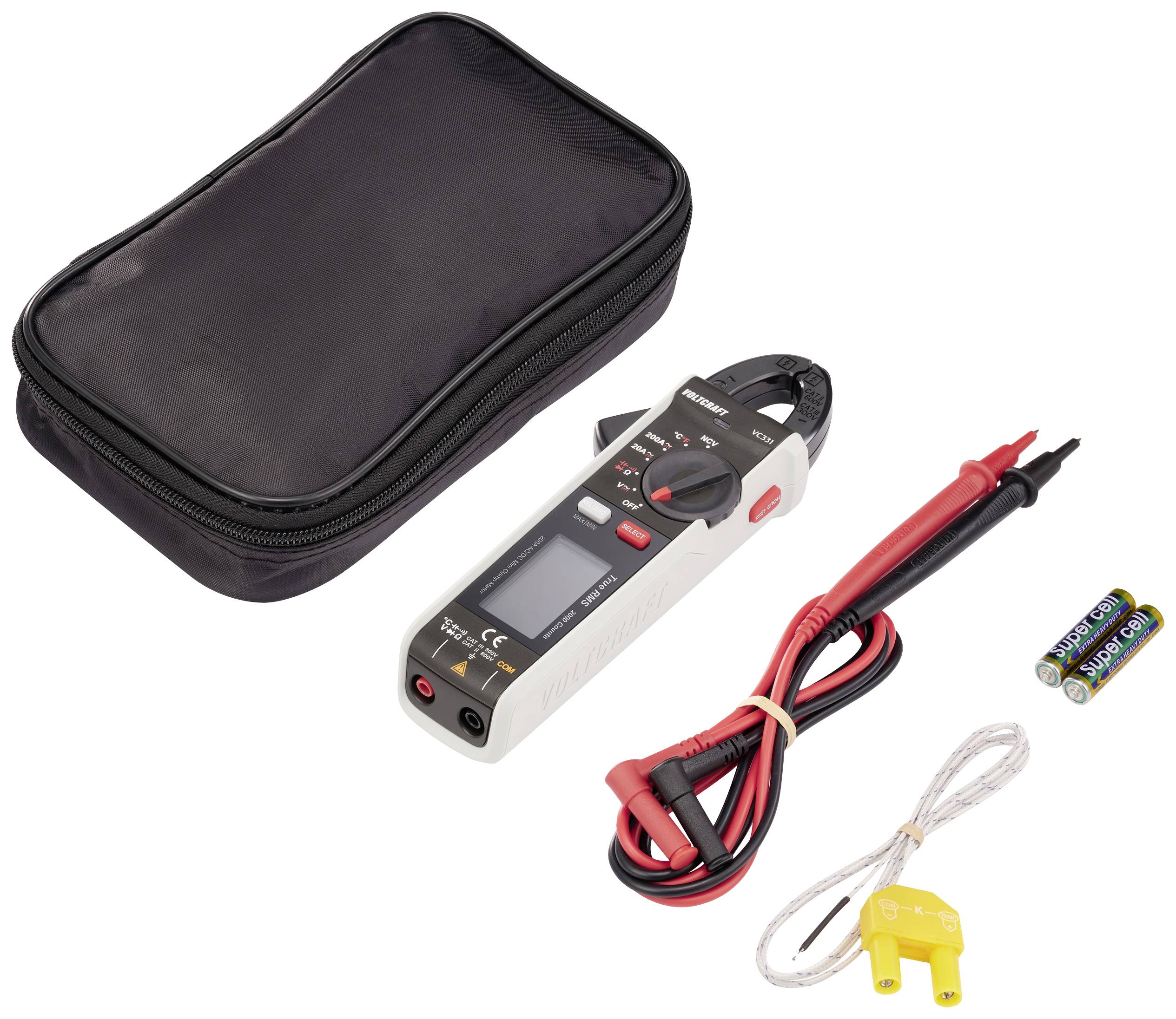 Een digitaal multimeter met meetkabels, batterijen en tas. Ideaal voor het meten van spanning, stroom en weerstand.