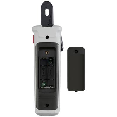 Een apparaat met een open batterijvak dat ruimte biedt voor twee AA-batterijen. De afdekking van het vak is ernaast afgebeeld.