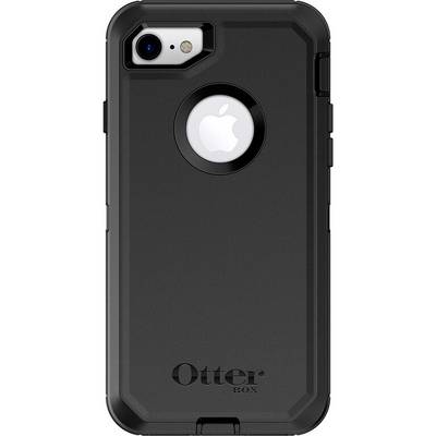 Zwarte telefoonhoes van OtterBox met uitsparing voor Apple-logo, geschikt voor iPhone-model, biedt bescherming en robuust ontwerp.