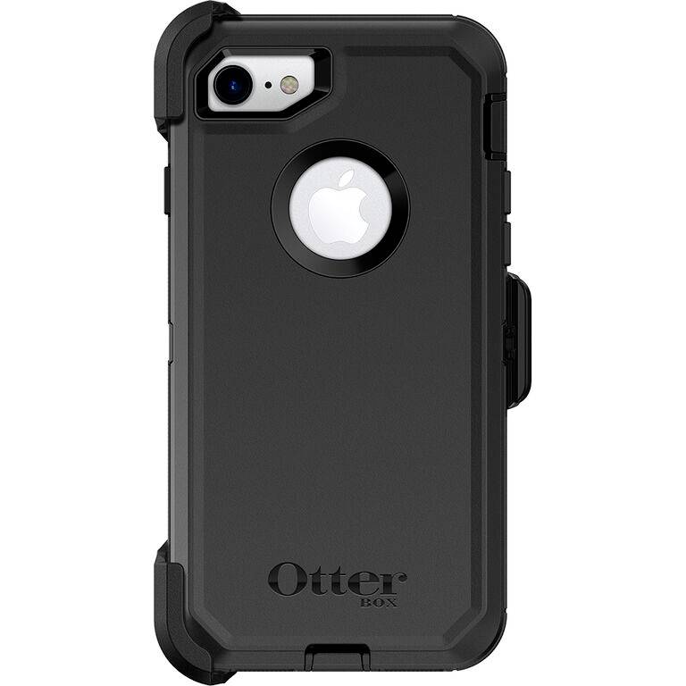 Zwart robuust smartphone-hoesje, gemarkeerd met 'OtterBox'. Het heeft een opening die het Apple-logo zichtbaar laat.