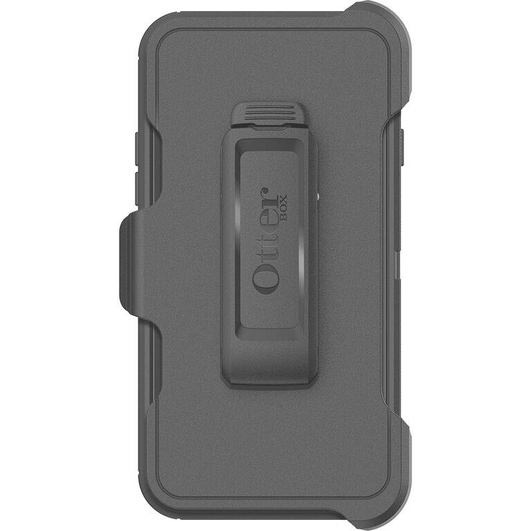 Een robuuste, zwarte telefoonhoes van OtterBox met riemclip. Het beschermt de smartphone en biedt een handige manier om mee te dragen.