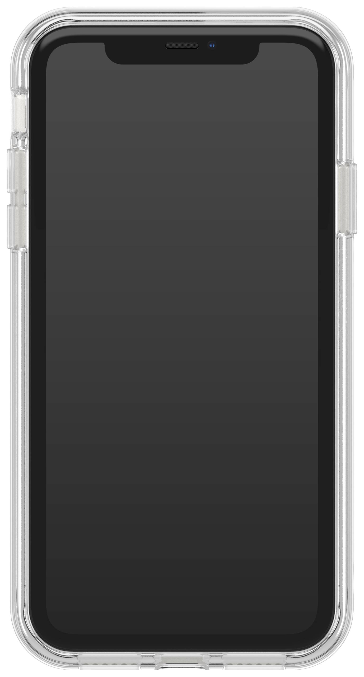 Een smartphone met een zwart scherm in een transparante hoes, frontaal afgebeeld.