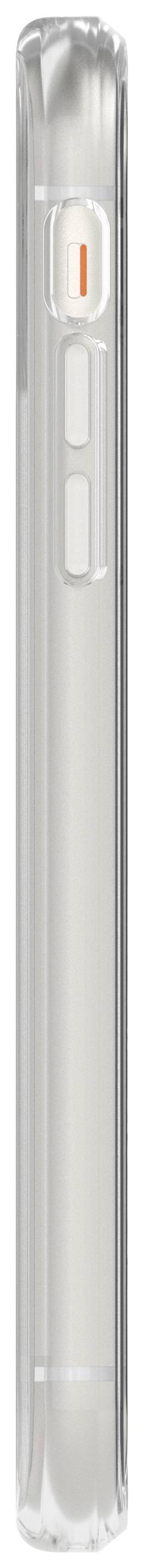 Een zilveren zijkant van een smartphone met zichtbare volumeknoppen en een aan/uit-knop die oranje gemarkeerd is.
