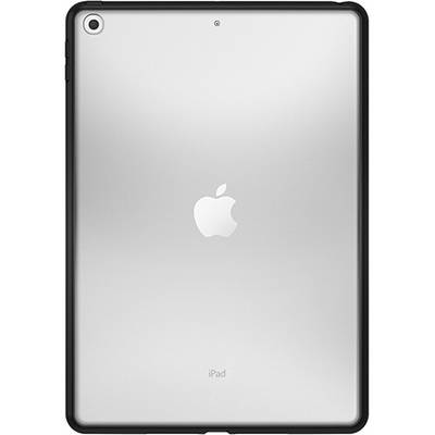 Een tablet-achterkant met een appelvormig logo in het midden. De behuizing is zilverkleurig met een zwarte rand.