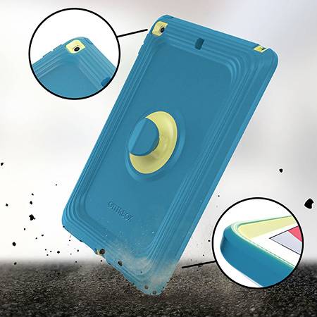 Beschermhoes voor tablet met versterkte hoeken en ingebouwde standaard. Toont detailopnamen van hoeken en standaardfunctie.