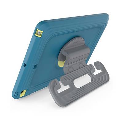 Beschermhoes voor tablet met ingebouwde standaard; robuust ontwerp voor betere grip en bescherming, in blauw en grijs.