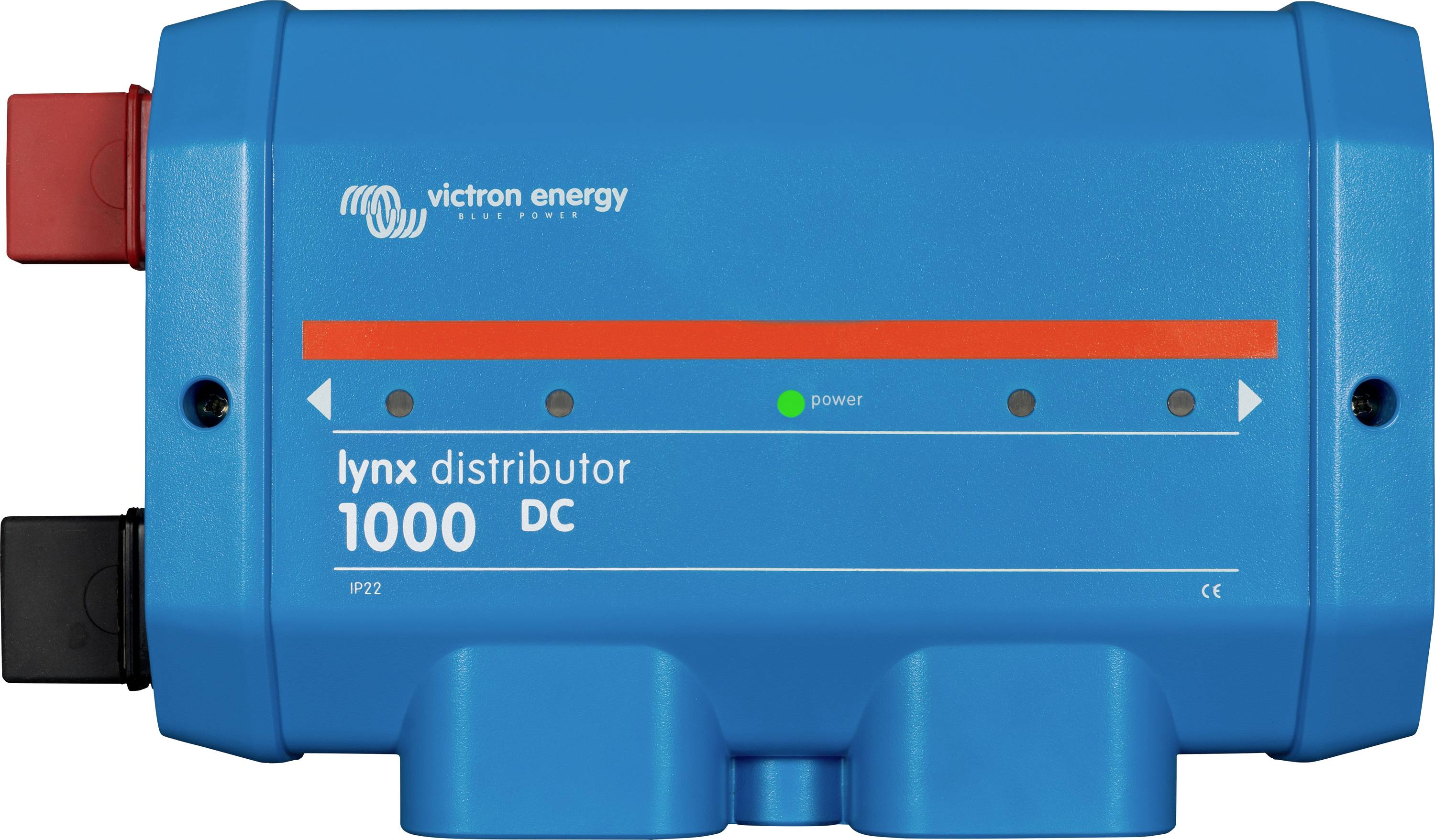 Blauwe verdeler met het opschrift 'lynx distributor 1000 DC' en controlelampjes. Van Victron Energy, gebruikt in energiedistributiesystemen.
