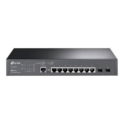 Een zwarte netwerk-switch van TP-Link met tien Ethernet-poorten en twee SFP-poorten, geschikt voor het opzetten van netwerken.
