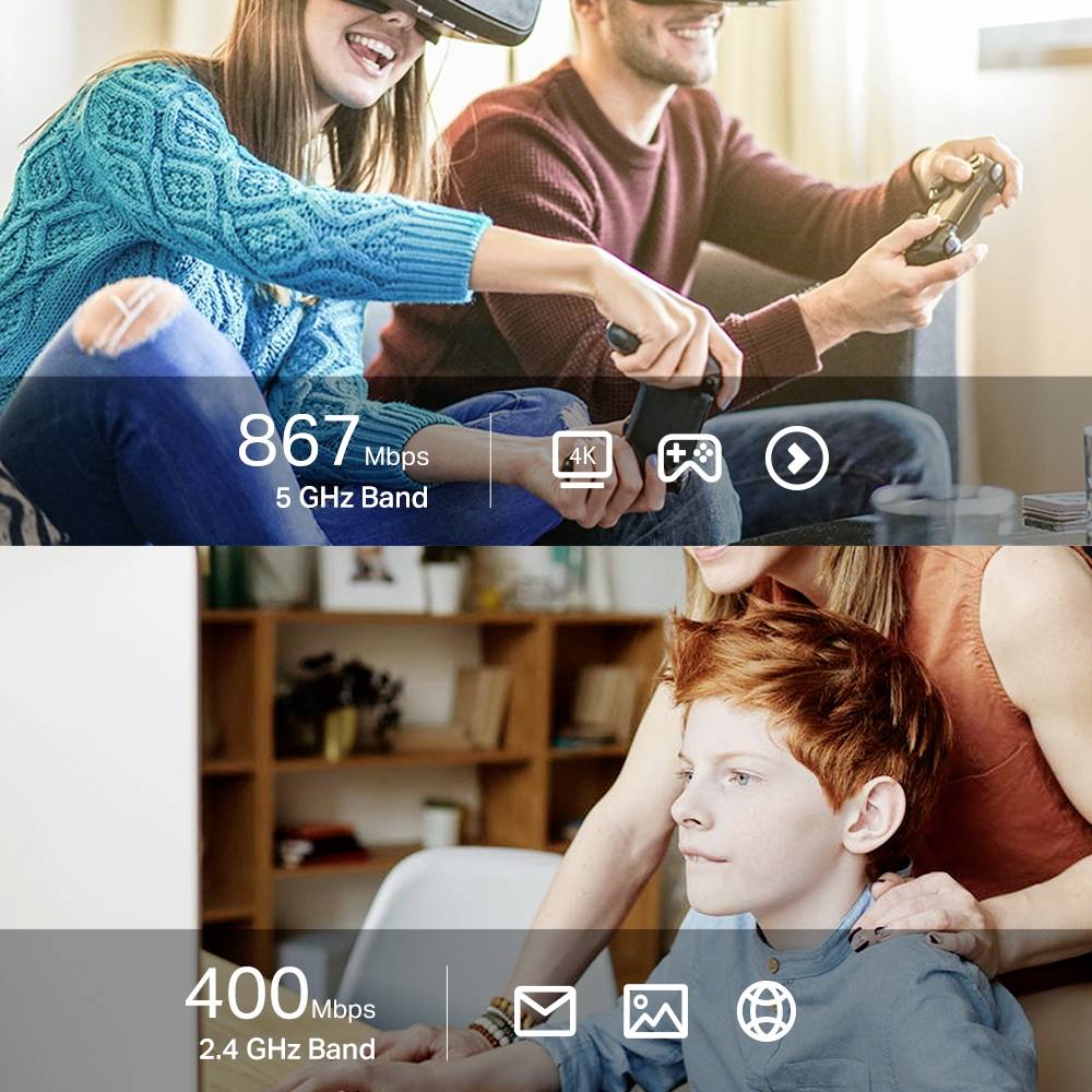 Boven: Twee personen met VR-headsets, symbolen voor snelheid (867 Mbps) en resolutie (4K). Onder: Kind met ouders, symbolen voor snelheid (400 Mbps).