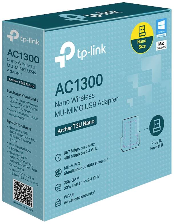 Verpakking van een TP-Link AC1300 Nano Draadloze USB-adapter. Belangrijkste kenmerken zijn 867 Mbps op 5 GHz, MU-MIMO en WPA3-beveiliging.