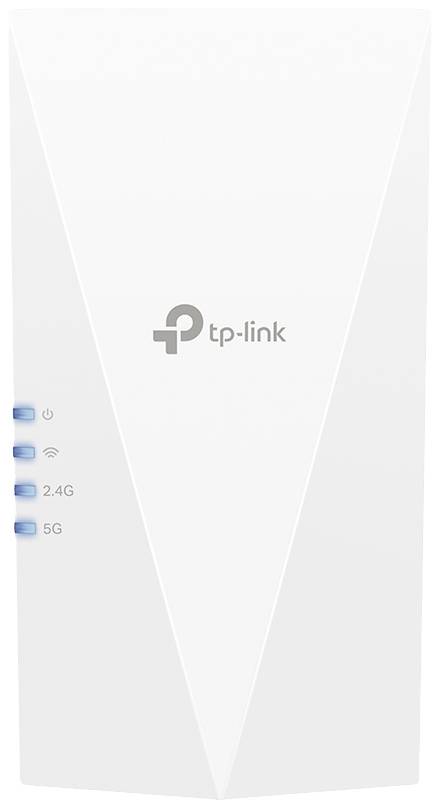 Een witte TP-Link WiFi-repeater met logo, met drie oplichtende blauwe LED-indicatoren voor WiFi-, 2,4 GHz- en 5 GHz-verbindingen rechts.