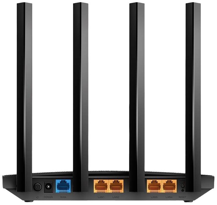 Achteraanzicht van een zwarte WiFi-router met vier antennes, een blauwe WAN-poort, drie oranje LAN-poorten en een voedingsaansluiting.