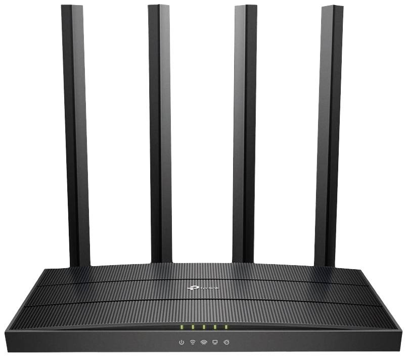 WLAN-router met vier antennes en vijf statuslampjes aan de voorkant.