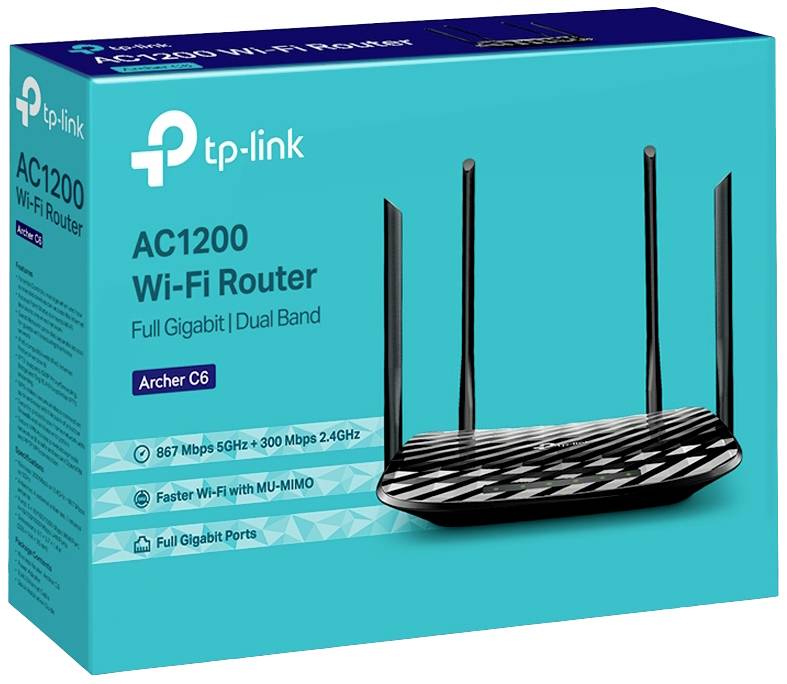 Een verpakking toont een TP-Link AC1200 Wi-Fi Router met duaal band en volledige Gigabit-ondersteuning, model Archer C6.