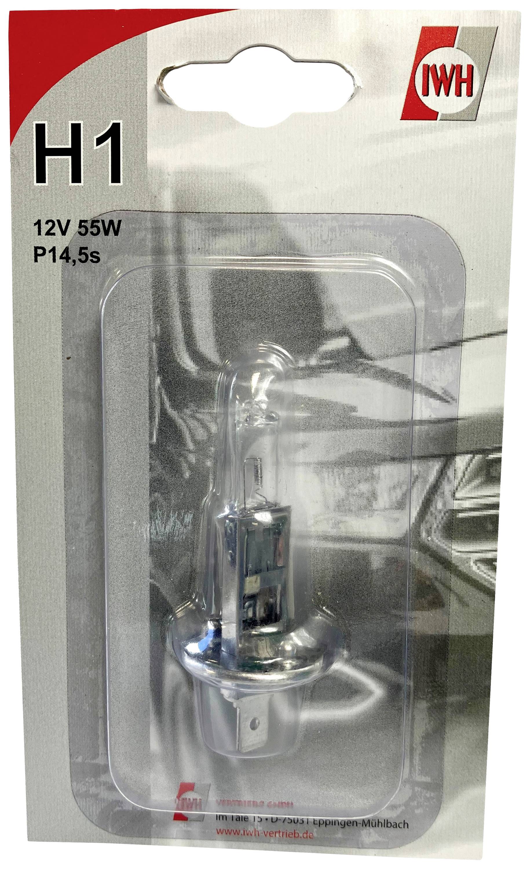 Here's the Dutch translation:<br><br>Verpakking van een auto-halogeenlamp, type H1, 12V 55W, met afbeelding van een koplamp op de achtergrond. Merk IWH.