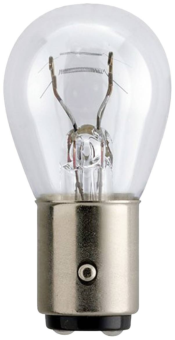 Gloeilamp met metalen fitting, heldere glazen kap en zichtbare gloeidraad.