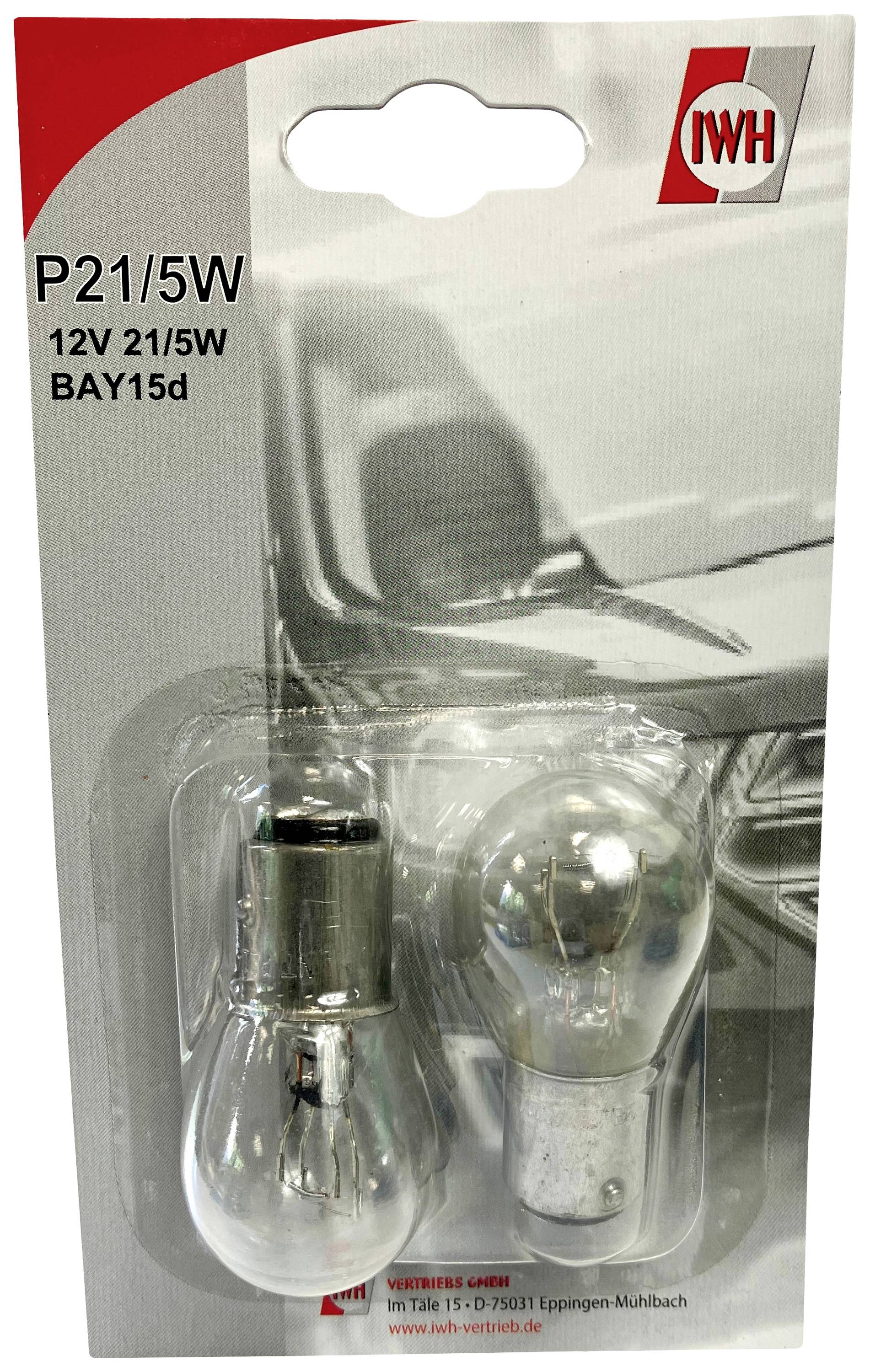 Gloeilampenset P21/5W, 12V, in transparante verpakking, geschikt voor voertuigen. Merklogo en auto-afbeelding op de verpakking.