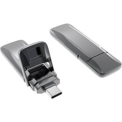 Twee USB-sticks, één met de dop verwijderd en een USB-C-aansluiting zichtbaar, de andere gesloten, beide grijs en strak van ontwerp.