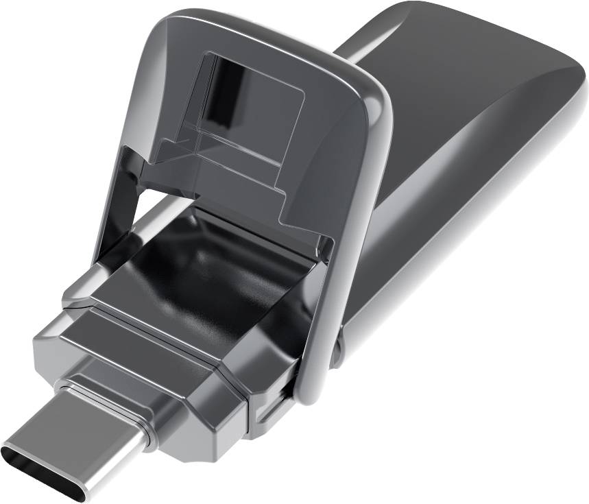 USB-C-stick met zwart, opvouwbaar ontwerp toont aansluiting en verborgen interne slotopening, geschikt voor draagbare opslag.