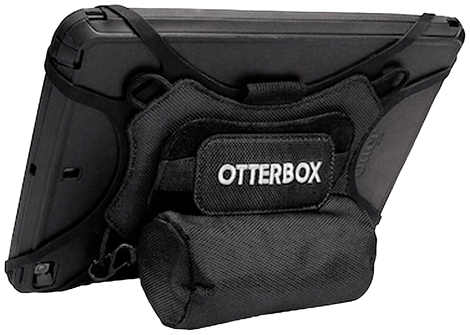 Zwarte OtterBox beschermhoes voor tablet met robuuste handgreep en geïntegreerde standaard. Ideaal voor duurzame bescherming onderweg.